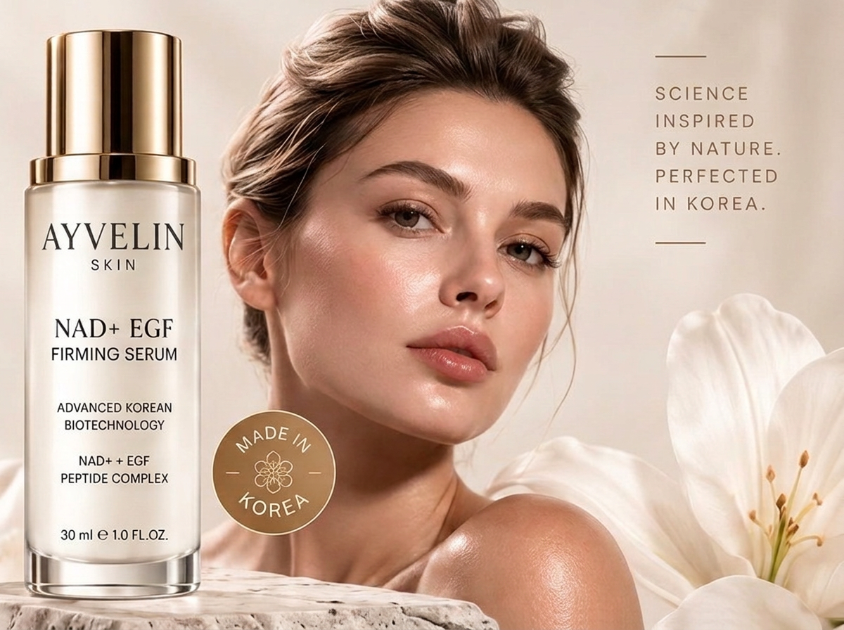 AYVELIN NAD+ EGF Firming Serum bottle with model — made in Korea