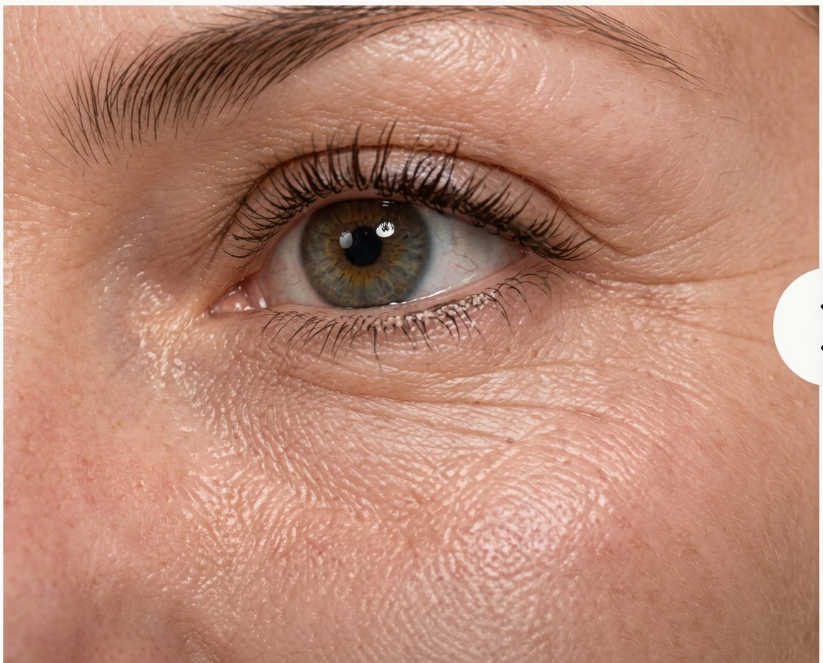 Close-up of the eye area before using the NAD+ EGF Firming Serum, with visible fine lines