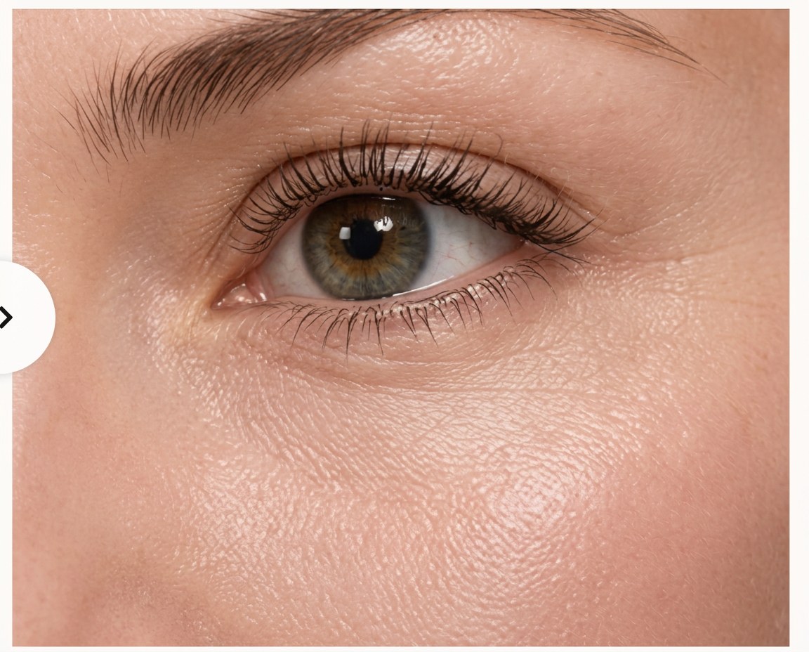 Close-up of the same eye area after 8 weeks of the NAD+ EGF Firming Serum — smoother and firmer skin