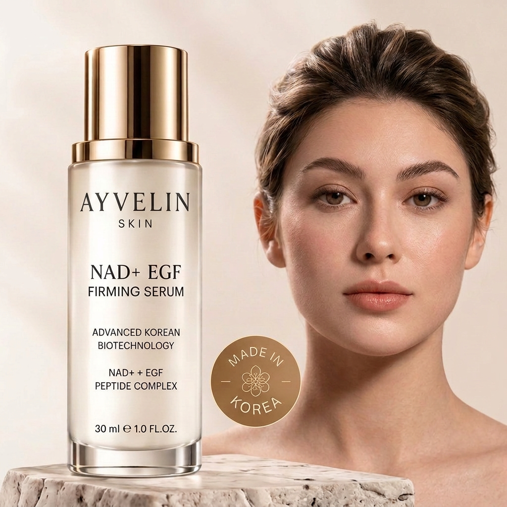 AYVELIN NAD+ EGF Firming Serum 30 ml bottle with gold pump, beside a model with glass skin