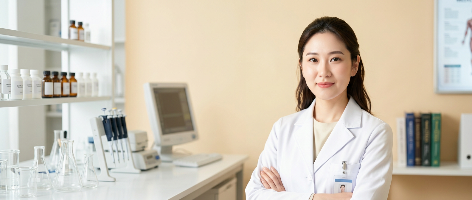 Illustrative Korean skincare researcher in a white laboratory coat standing in a bright cosmetics laboratory