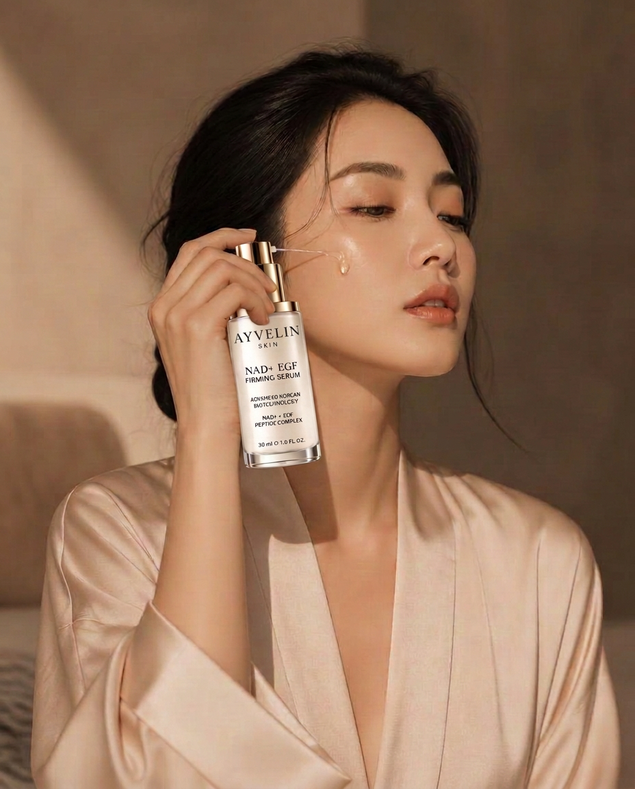 Woman applying the AYVELIN serum with a dropper in soft morning light