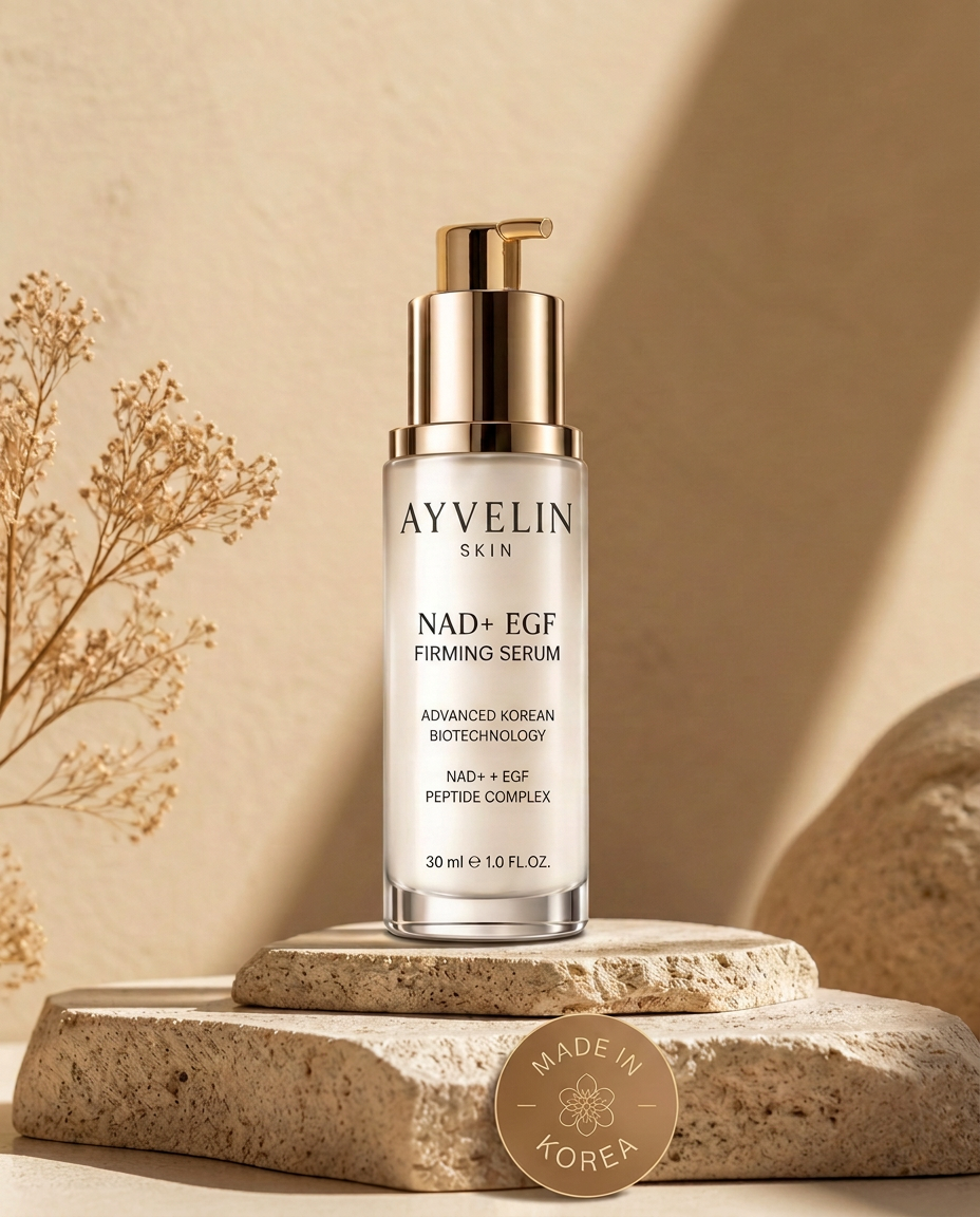 AYVELIN serum bottle with gold pump on a warm stone pedestal