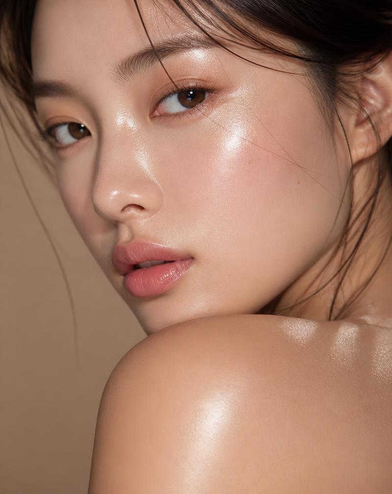 Close-up of glowing glass skin after using the NAD+ EGF Firming Serum