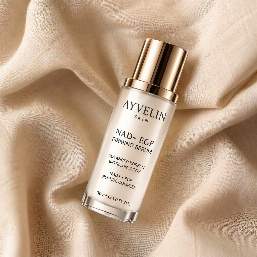 AYVELIN serum bottle resting on soft beige linen