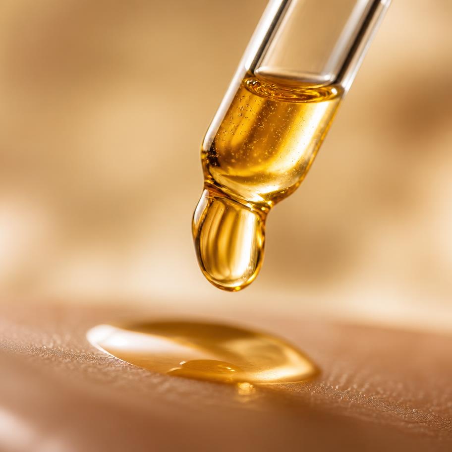 Golden serum drop falling from the dropper onto skin