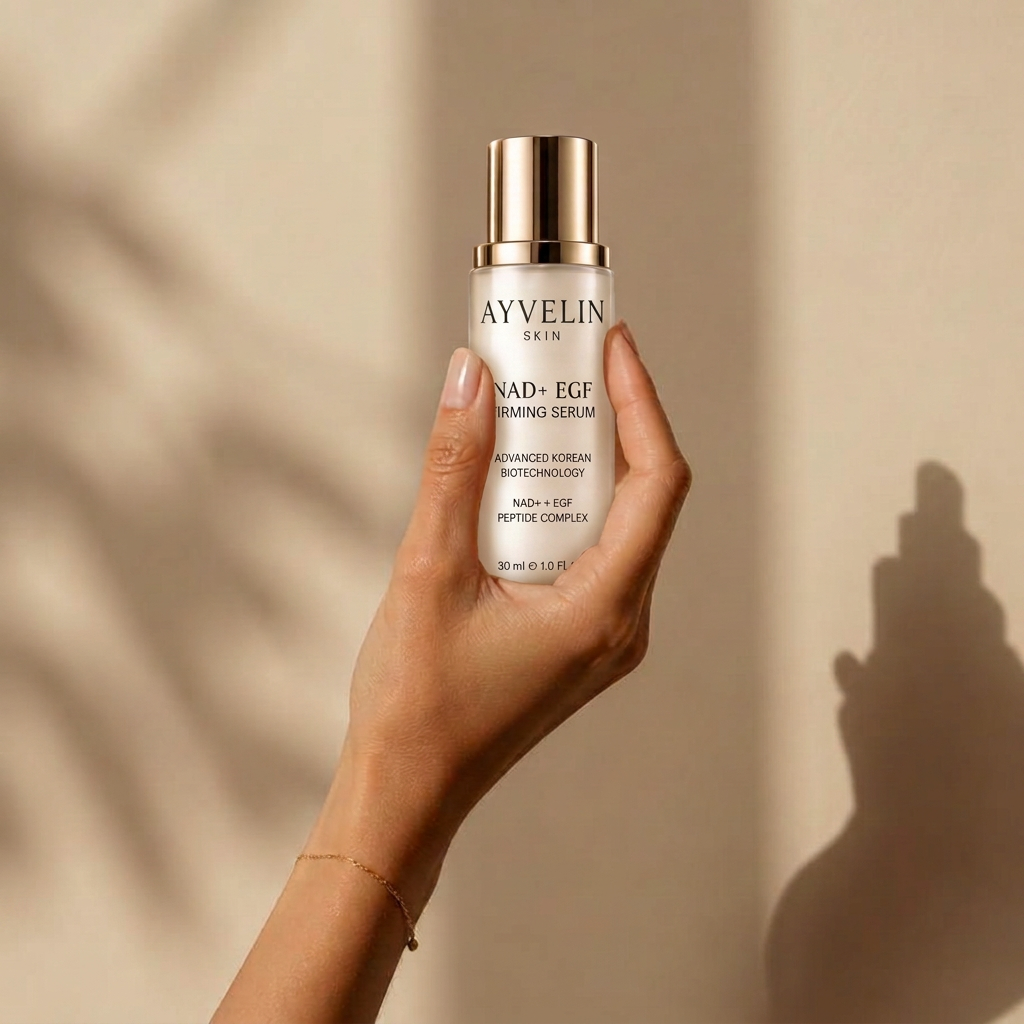 Hand holding the AYVELIN serum bottle against a warm beige wall